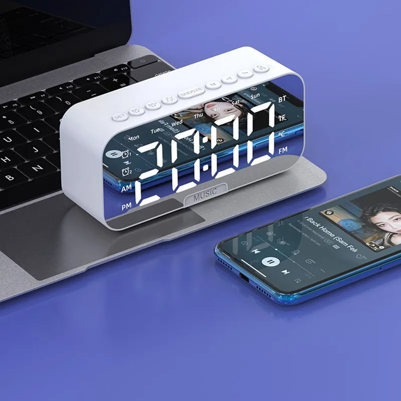 Mirror Surface Bluetooth Speaker Electronic Clock With Large Display Screen Fm Radio For Bedroom Office Sale