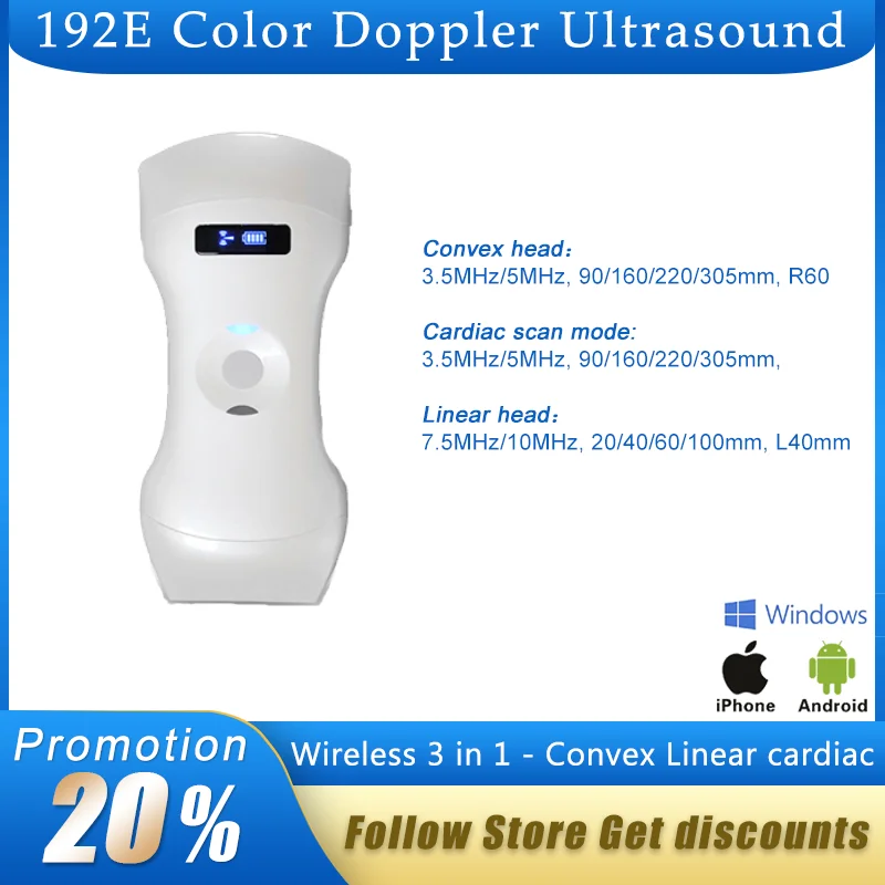 

192E Wifi Wireless Color Ultrasound Doppler 3 in 1 Probe Convex Linear Phased Array Probe support iOS Android Windows