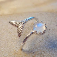 bohemian style inlaid moonstone whale tail ring fashion creative design female silver color metal ring anniversary gift jewelry