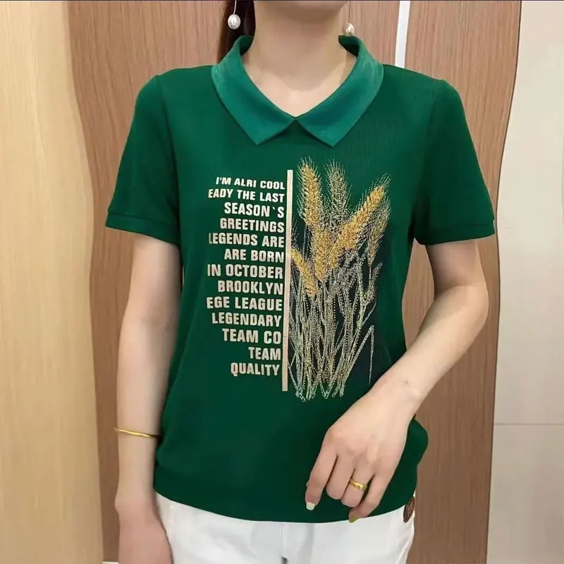 

Summer Fashion Letter Printed Blouse Casual Turn-down Collar Contrasting Colors Patchwork Women's Clothing Short Sleeve Shirt