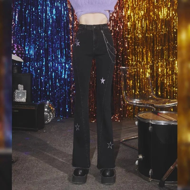 UNIFREE Star Embroidery Women's Jeans Hotsweet Streetwear Slim Ankle-Length Flare Pants Fashion Sexy High Street Jeans Pants