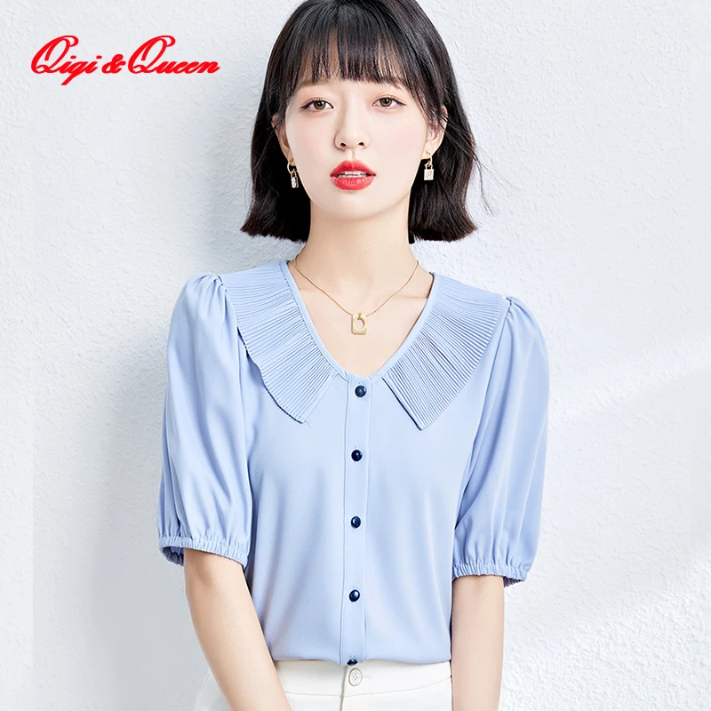 

Голубая блузка Qiqi & queen 2023, летние топы, шикарная шифоновая рубашка с кукольным воротником и рукавом «во французском стиле», элегантные женские рубашки, блузы