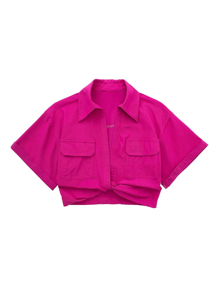 

YLJHQX женские модные эластичные льняные укороченные рубашки с узлом спереди винтажные женские блузки с коротким рукавом с накладными карманами шикарные топы