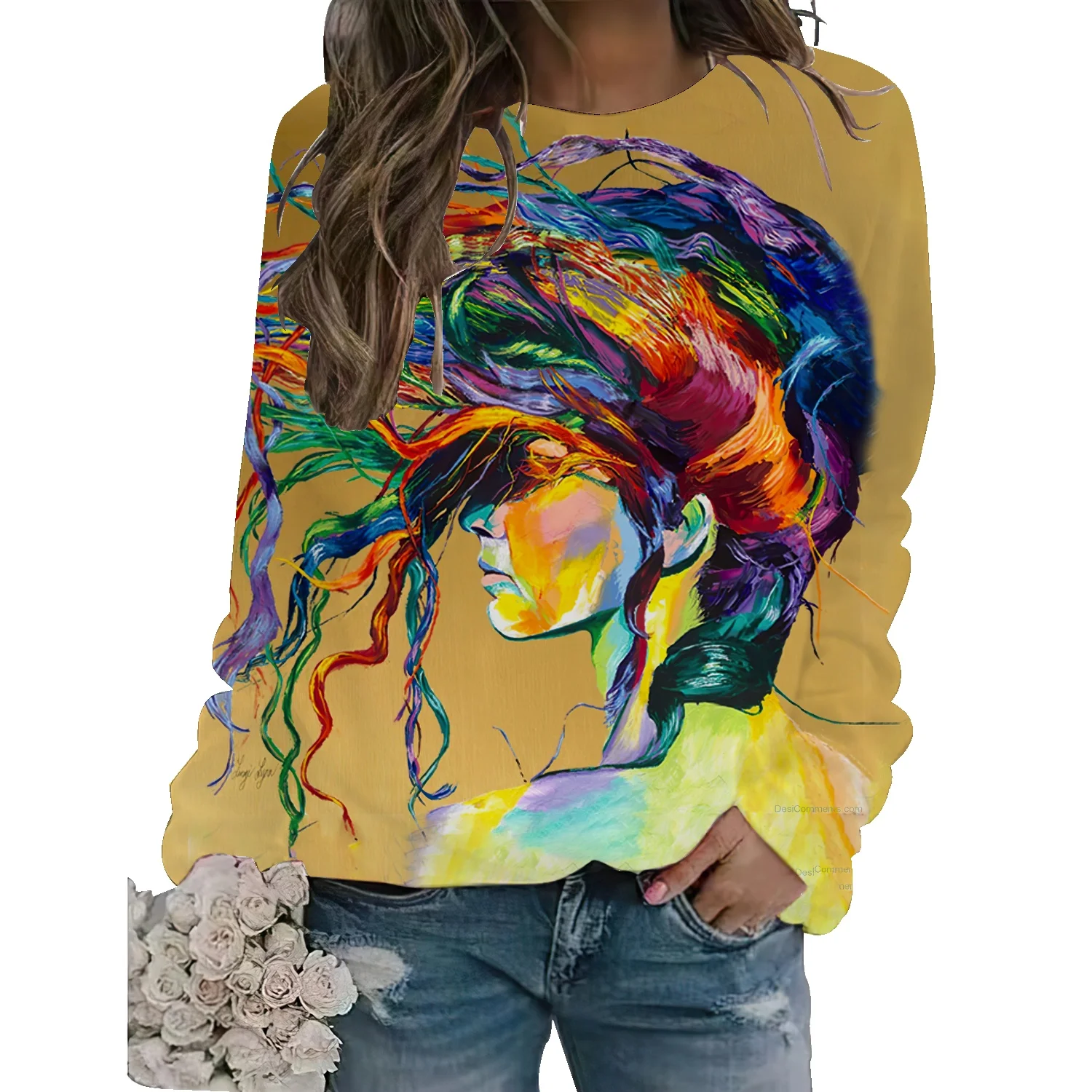 

Женский свитер с принтом тюльпана, тонкий свободный топ с круглым вырезом для ранней осени, 2022