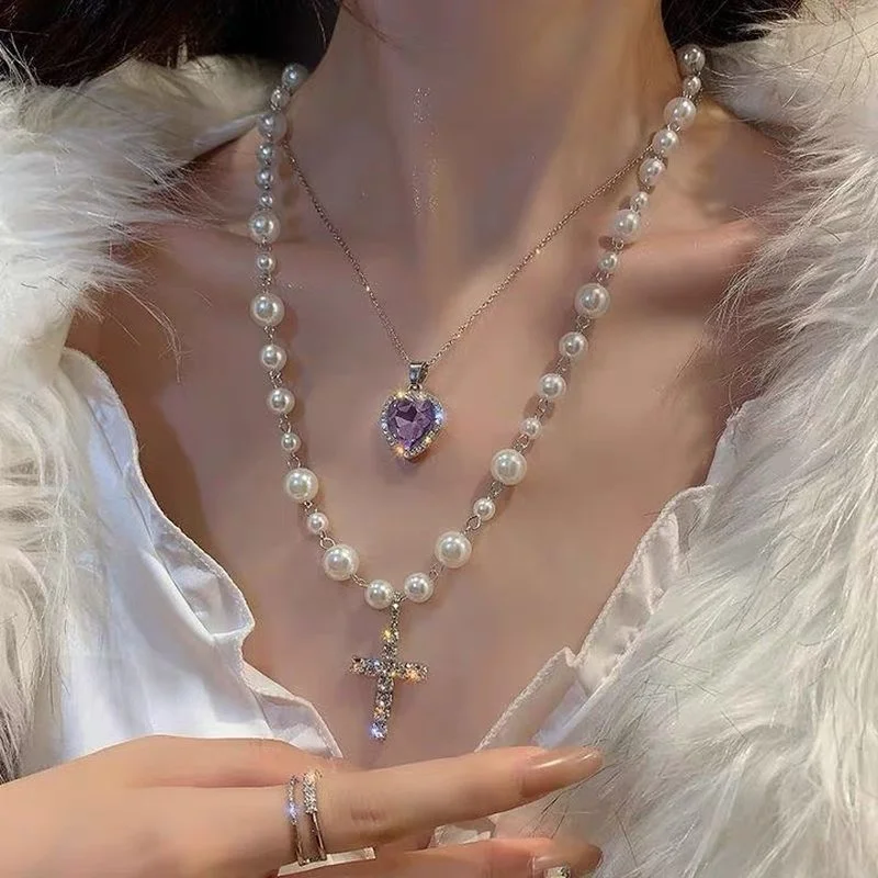 

2 PCS/Set Long Pearl Cross Pendant Necklaces for Women Double Layer Purple Heart Crystal Necklaces Statement Jewelry