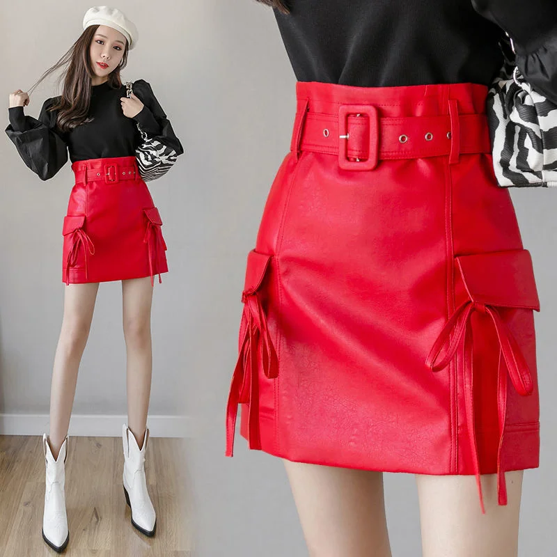 

Net Red Fashion PU Leather Skirt Women Streetwear High Waist Pockets Skirt With Belt New Skirt New Sexy & Club Party