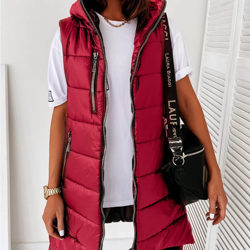 Women Casual Streetwear Zipper Pocket Jacket Plus Velvet Quilted Coat Sleeveless Puffer Jackets Hooded Cotton Padded Waistcoat