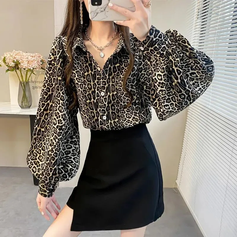 

Loose Leopard Print Top Women Spring and Autumn 2022 New Polo-Neck Lantern Sleeve Shirts Female Plus Size Shirt Blusas Femeninas
