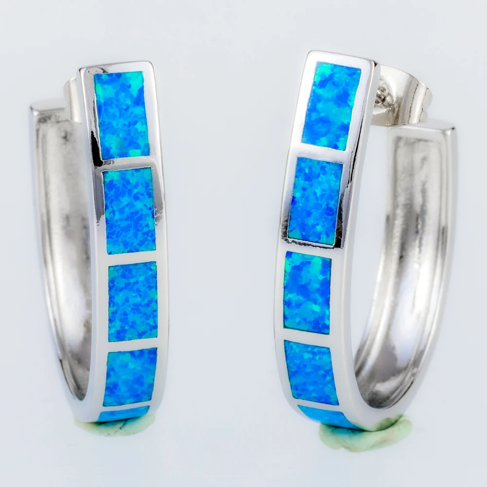 

KONGMOON Large Semicircle Ocean Blue Fire Opal Silver Plated Jewelry for Women Piercing Hoop Earrings