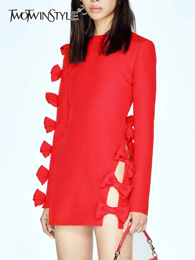 

Женское платье с бантом TWOTWINSTYLE, облегающее платье составного кроя с круглым вырезом, длинными рукавами и складками, 2019