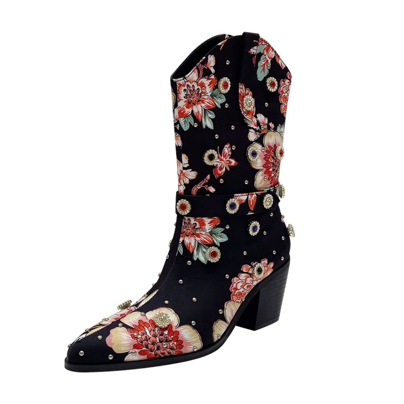 

New Diamond Decorative Silk Printing Mid-Calf BootsWomen Spring/Autumn Sexy Pointed Square Heel Side Zipper Ethnic Boot