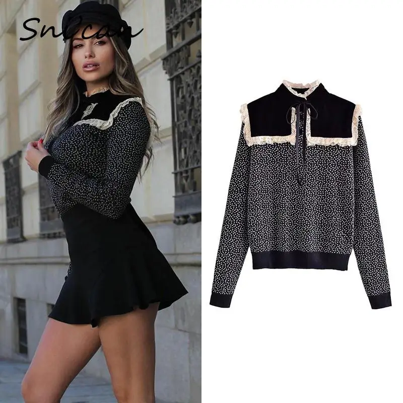 

Женская бархатная блузка в горошек, черная офисная блузка с бантом на воротнике, весна 2022