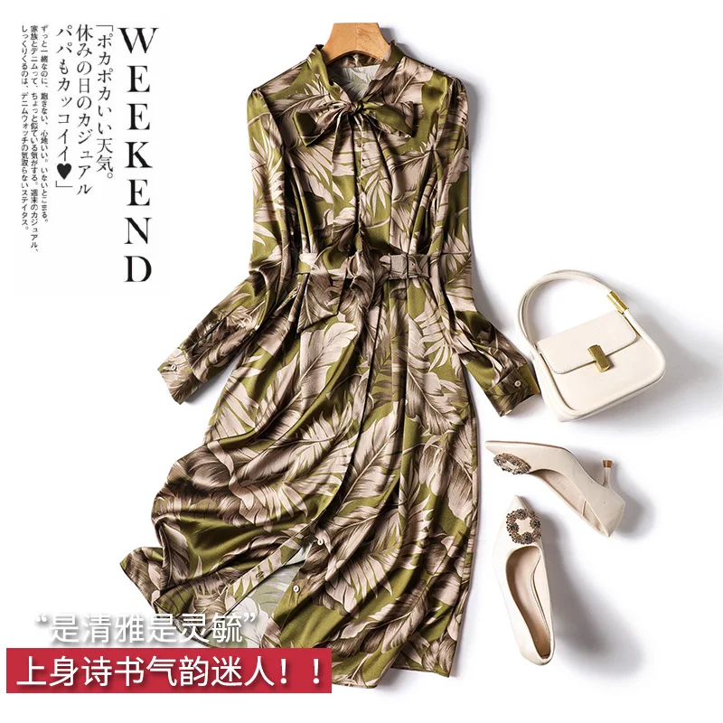 

Bow Collar Print Design 88.9% Natural Silk Long Dresses for Women SATIN Belt Mid-Calf A-LINE Vestidos De Mujer Elegantes
