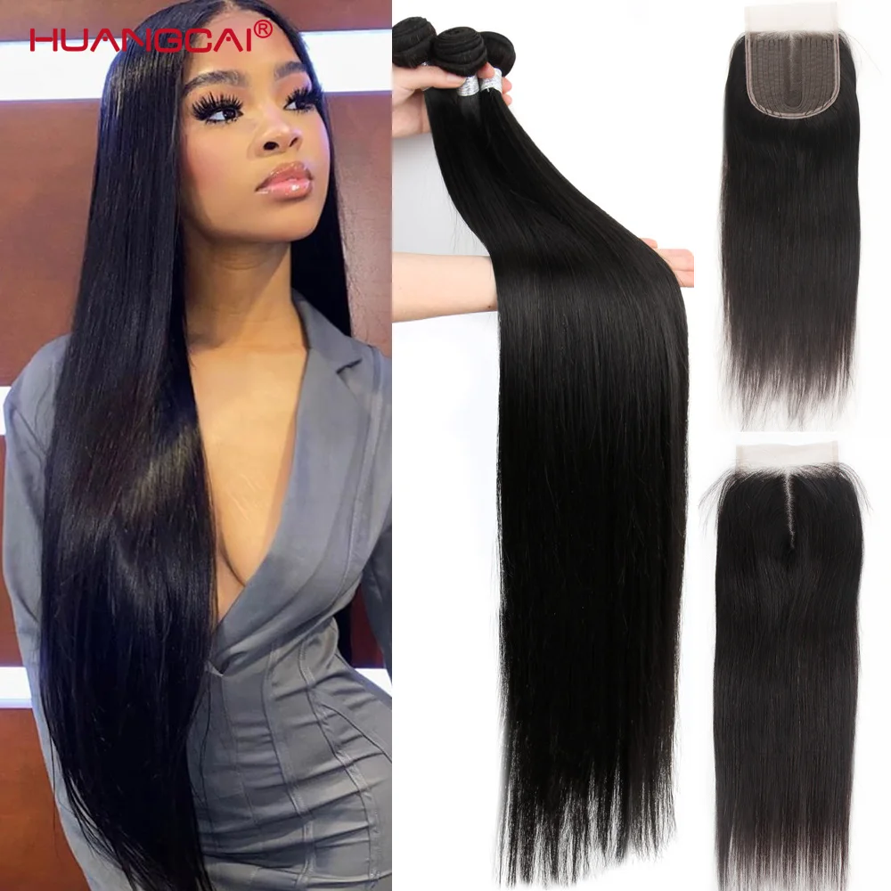 36 38 40 Inch Long Straight Bundles With Closure Human Hair Brazilian Hair Weave Straight Extension With 5x5x1 Closure For Women
