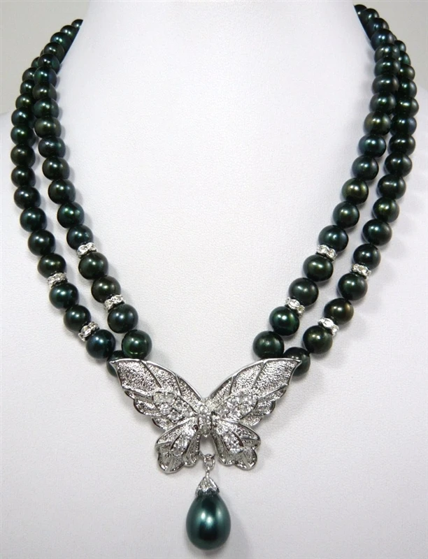 

noble 2 rows 8MM black Sea Shell Pearl + butterfly pendant Necklace