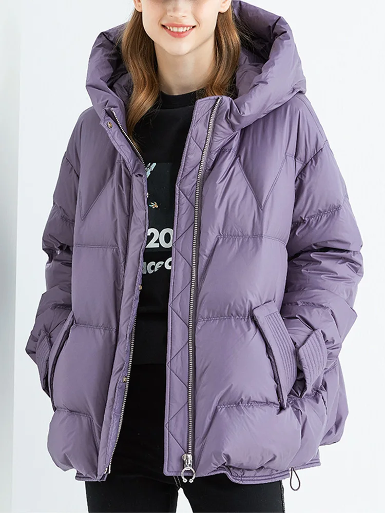 Winter Short Down Jackets Women Casual Loose Hooded Zipper Button White Duck Down Coat Female Thick Warm Snow Parkas Outwear