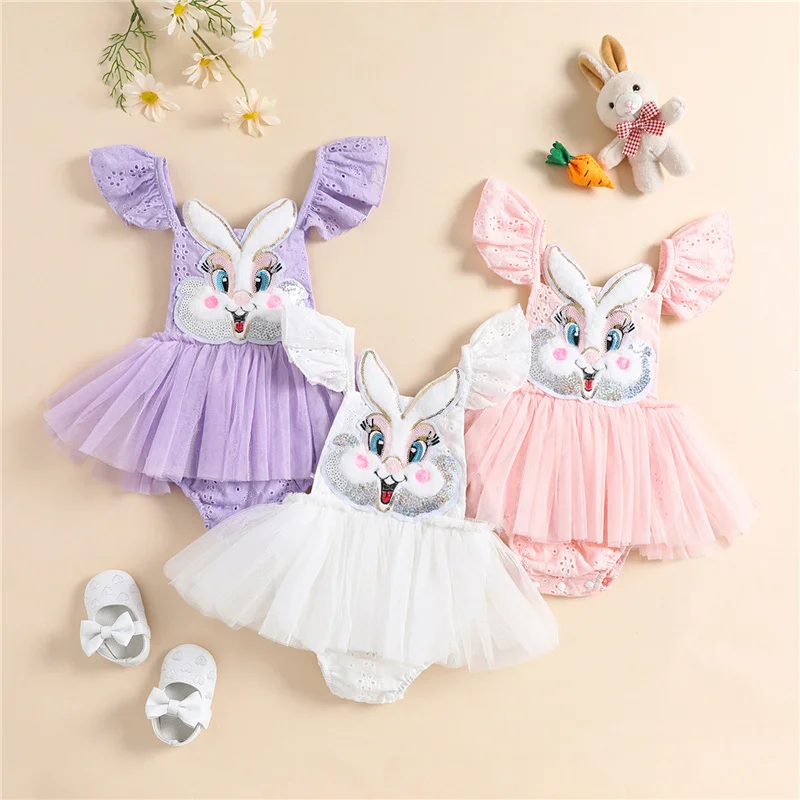 

Blotona Infant Baby Girls Easter Romper Dress Bunny Head Embroidery Fly Sleeve Tulle Skirt Hem Bodysuit for Summer, 3-24Months