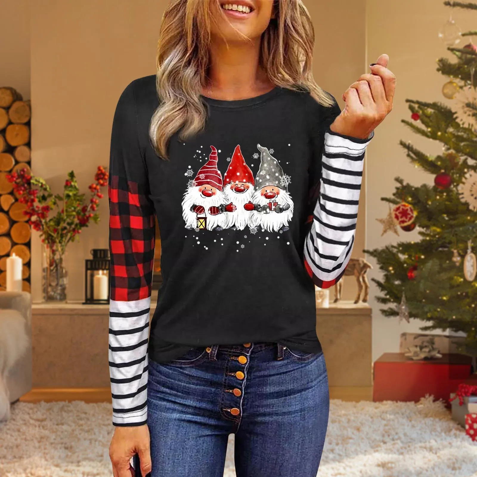 

Women's Christmas Top Print Long-Sleeved Three-Color Stitching Long-Sleeved Round Neck Loose T-shirt Top Dark Tee