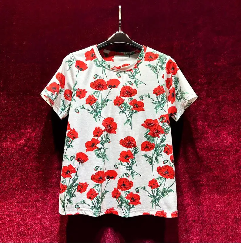 

European and American women's clothes 2023 summer new Round neck Short sleeve floral print studded with beads White T-shirt