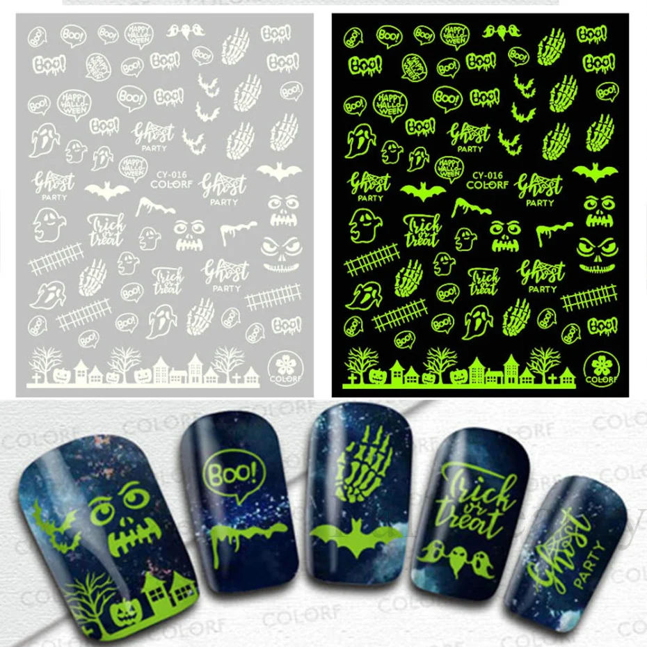 9pcs Glow IN Dark Halloween 3D Nail Art Sticker Set Luminous Spider Ghost Pumpkin Designs Slider Manicure Decoration LACY010-018 - купить по