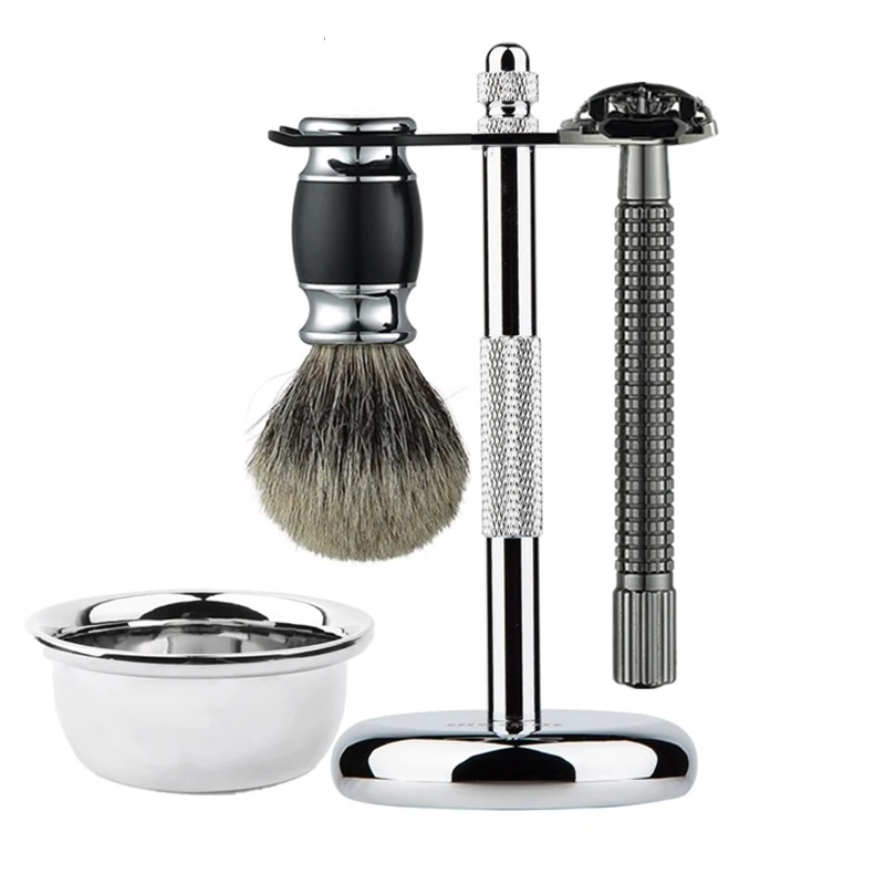 Professional 4 In 1 Stainless Steel Razor Set Men Beard Razor Shaving Brush Bowl Stand Holder Wet Shaving Luxury Razor Set Gift