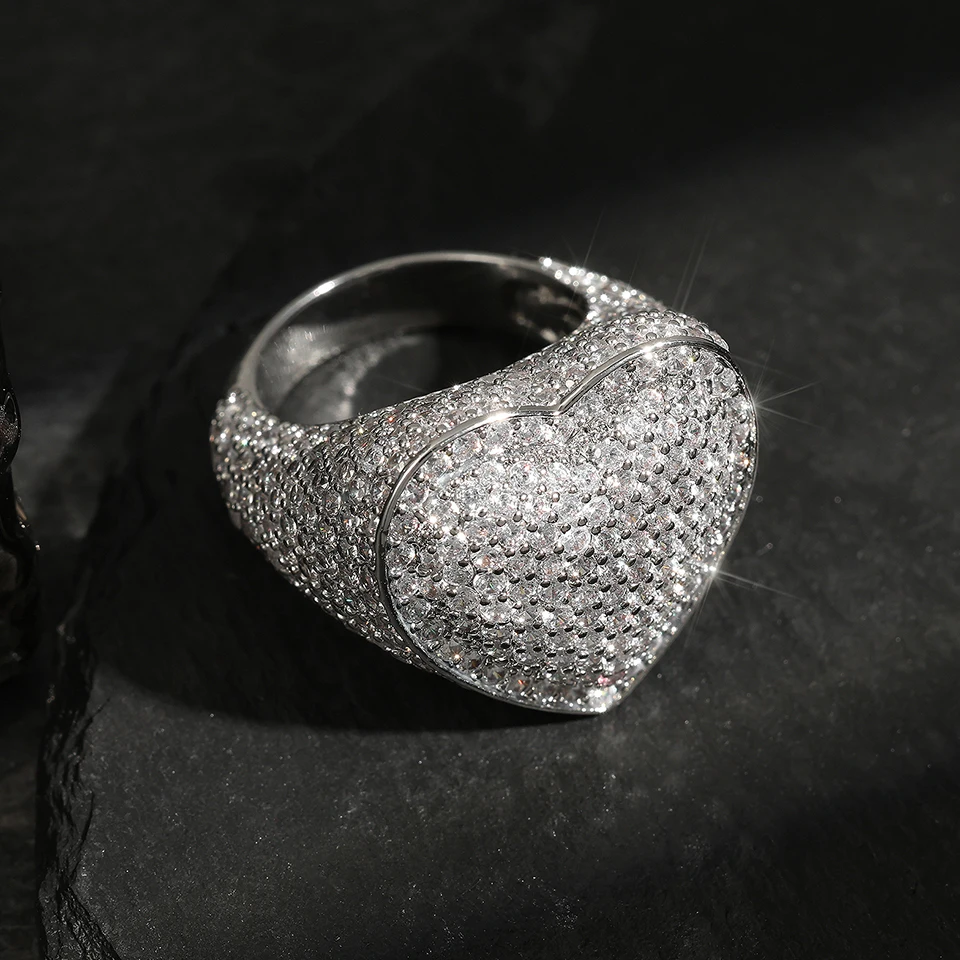 Европа и Америка Сердце Хип-Хоп Рок Кольца Для Мужчин Женщин Полный Iced Out Bling