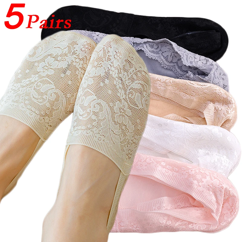 

5Pairs/lot Women Sexy Lace Socks Ice Silk Flower Low Cut Invisible Anti-slip Lace Ankle Sock Summer Breathable Boat Sox Female