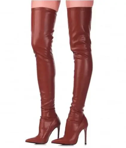 Fall New Woman Brown Burgundy Black Matte Leather Pointed Toe Thin Heels Slim Over The Knee Thigh Boots Stretch Long Shoes