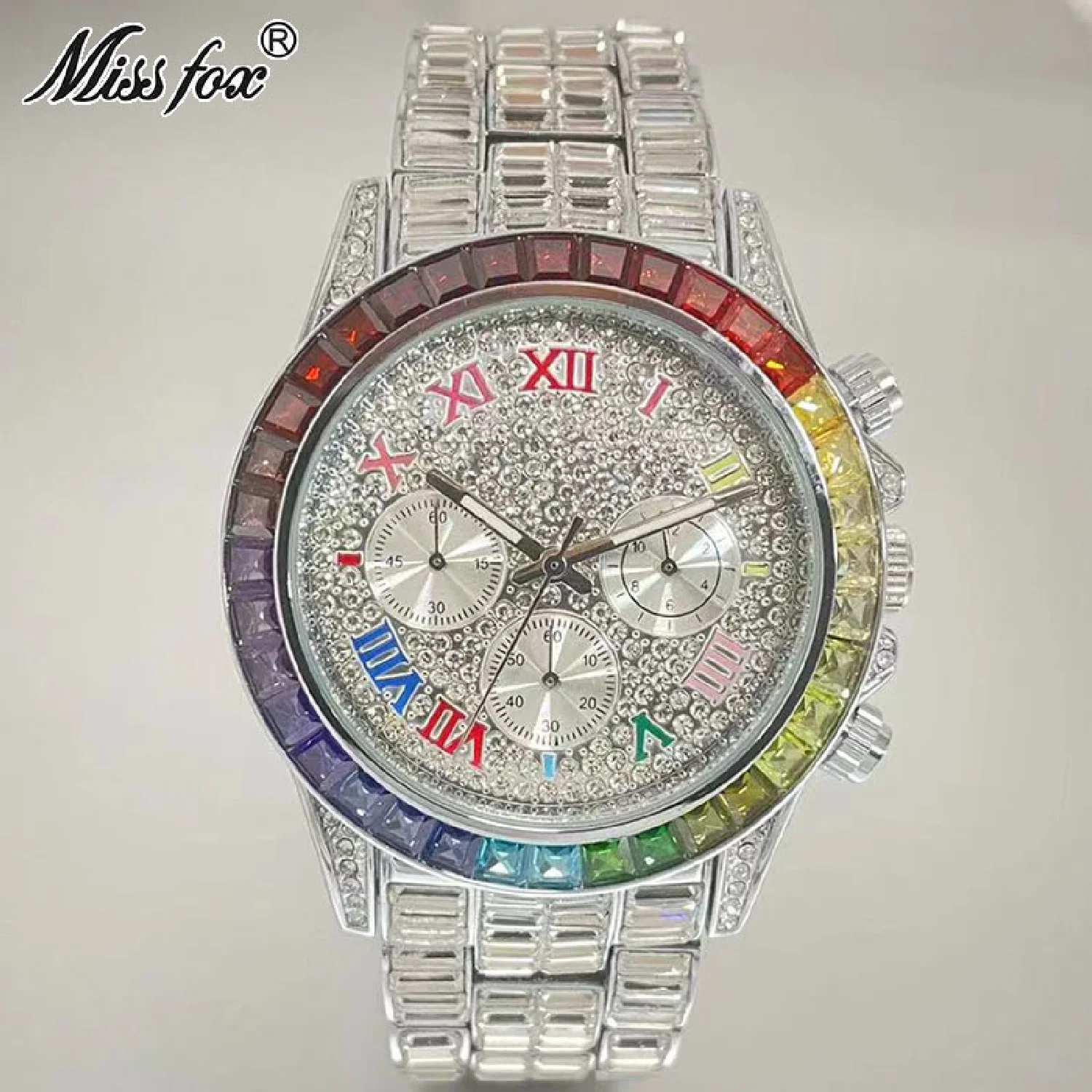 Enlarge Hot Luxury Iced Watch For Men Fashion Brand Waterproof Quartz Clocks Rainbow Rectangle Moissanite Wristwatch Gift Free Shipping