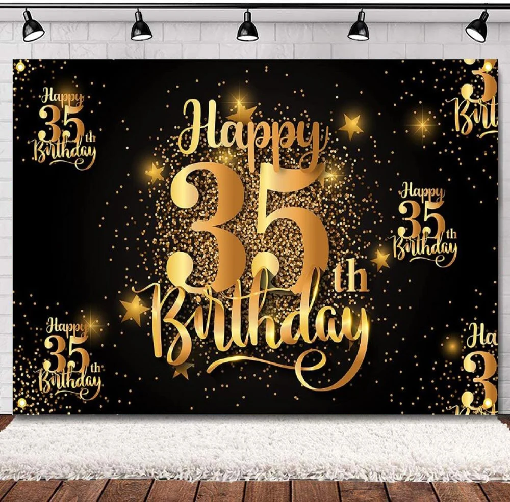 

Photography Backdrop Banner Black Gold Sparkles Firework Shiny Stars Decor Cheers To 35 Years Old 35st Birthday Party Background