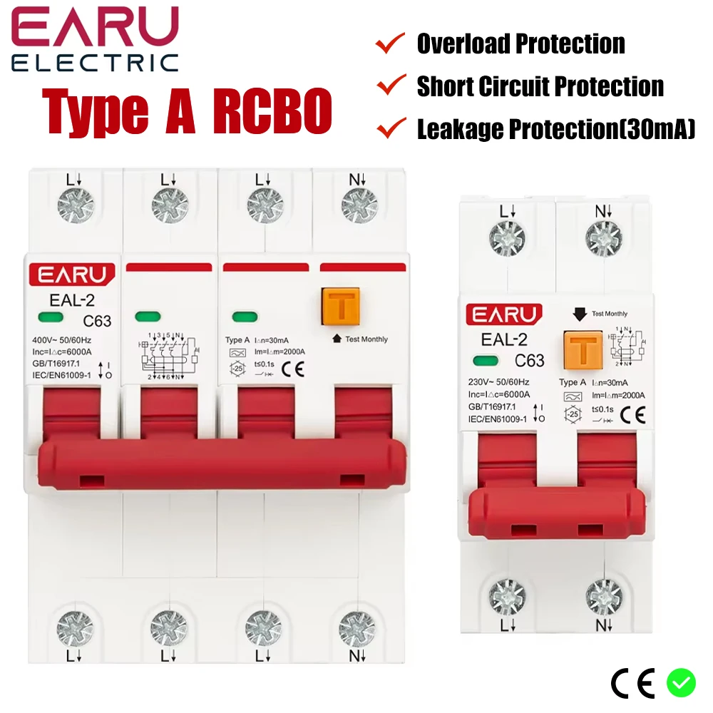 

AC 2P 230V 4P 400V A Тип RCBO RCCB MCB Электронный автоматический выключатель остаточного тока от короткого тока 30 мА Защита от утечки