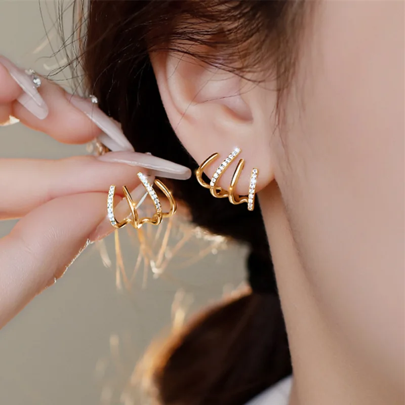 Korean Earring Claw Ear Hook Clip Earrings for Women Four-Prong Setting Cz Gold Color Ear Earrings Fashion Jewelry Gift