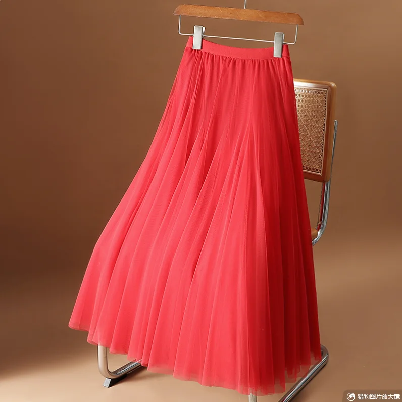 

Vintage Tulle Skirt Women Elastic High Waist 3 Layers A-line Pleated Mesh Skirt Long Bride Tutu Skirts Female Jupe Longue A31