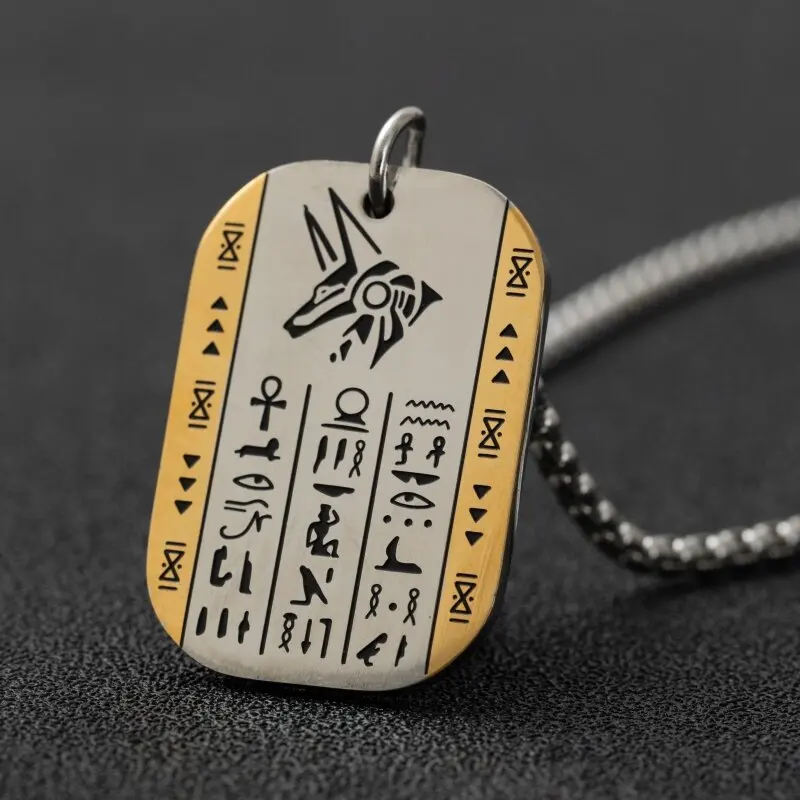 

Classic Mysterious Ancient Egypt Anubis Horus Rune Dog Tag Pendant Men's Stainless Steel Necklace Retro Punk Amulet Wholesale