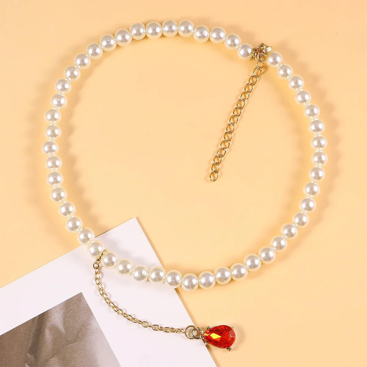 

Elegant Big White Imitation Pearl Bead Choker Clavicle Necklace For Women Wedding Jewelry Collar Red Water Drop Crystal Necklace