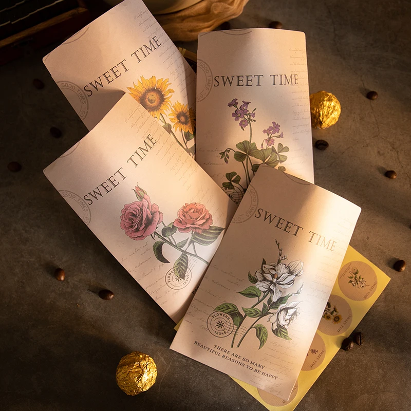 

12pcs Vintage Hand Drawn Elegant Flower Rose Sunflower Clover Gardenia Post Stamp Paper Gift Sack Candy Dounut Packing Favor Bag