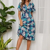 summer new european and american womens clothing dress chiffon v neck short sleeve wide hem printed dress
