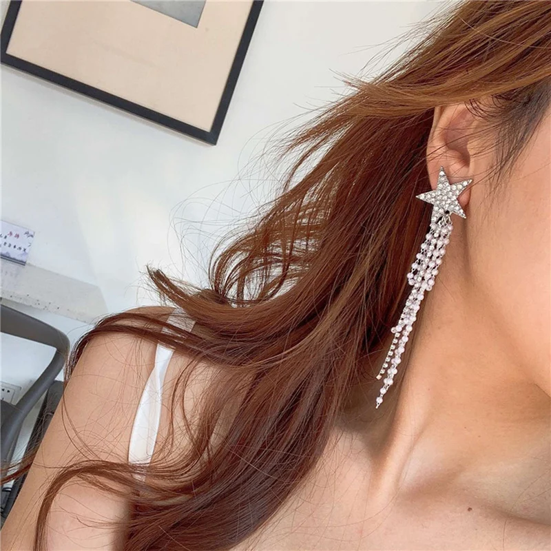 

Модные длинные висячие серьги со звездой и кристаллами для женщин, модные серьги с жемчужными кисточками в стиле АВ, подарок, эффектные ювел...
