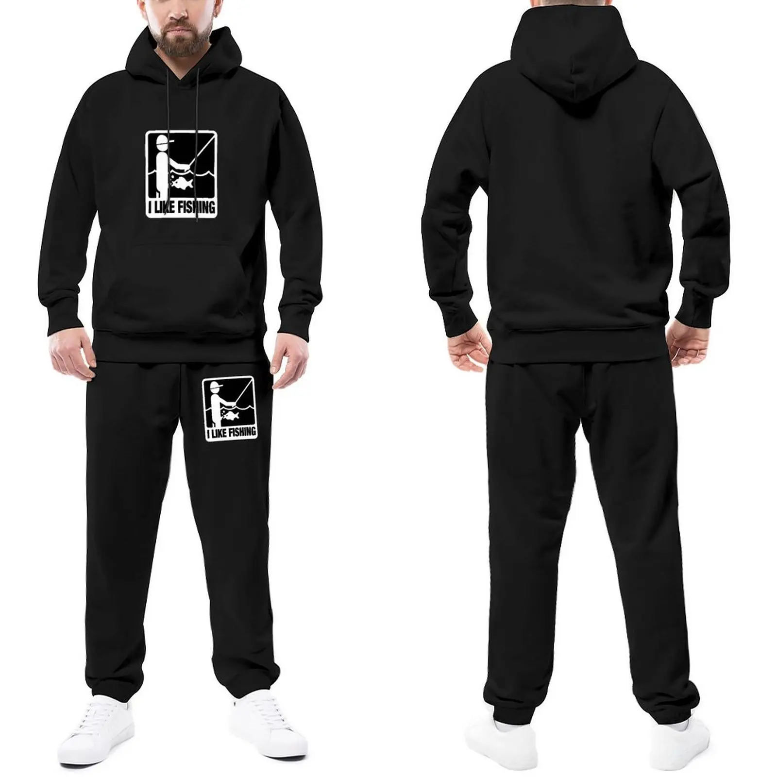 

I Like Fishing Tracksuit Set Daily Hobby Hooded Set Men Cool Jogger Sportswear Gym Casual Hoody Sweatpant Set