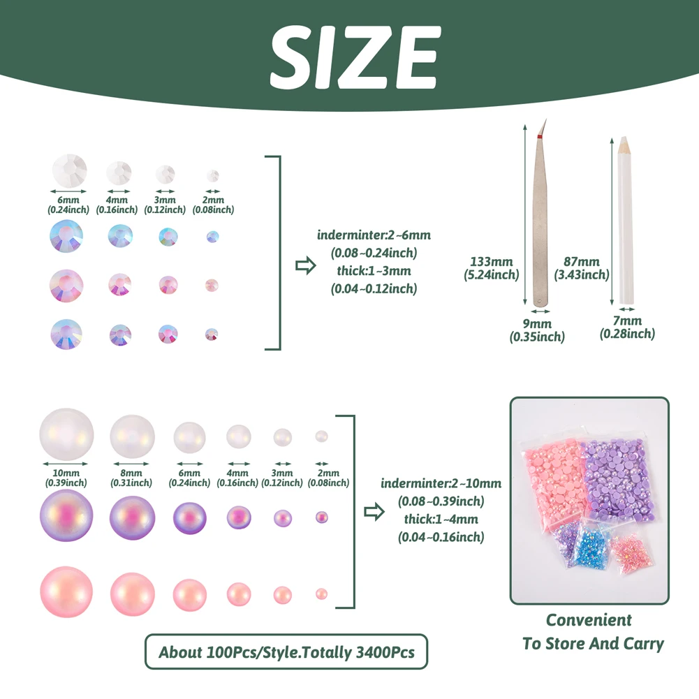 1 Bag Mix Flat Back Imitation Pearl Dome Resin Cabochons Rhinestone Tweezer Picker Pen for Nail Art Tumbler Craft Jewelry Making