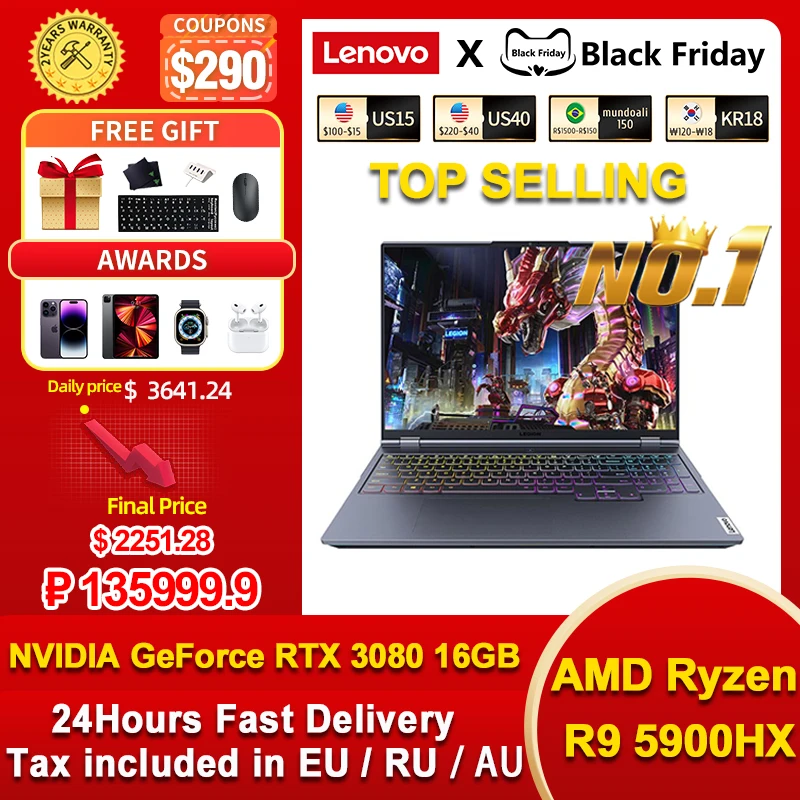 

【Mega Sale】Lenovo Legion R9000K Gaming Laptop 16 Inch Notebook AMD Ryzen 9 5900HX RTX 3080 2.5K 165Hz SSD 1 TB Win11 PC Portable