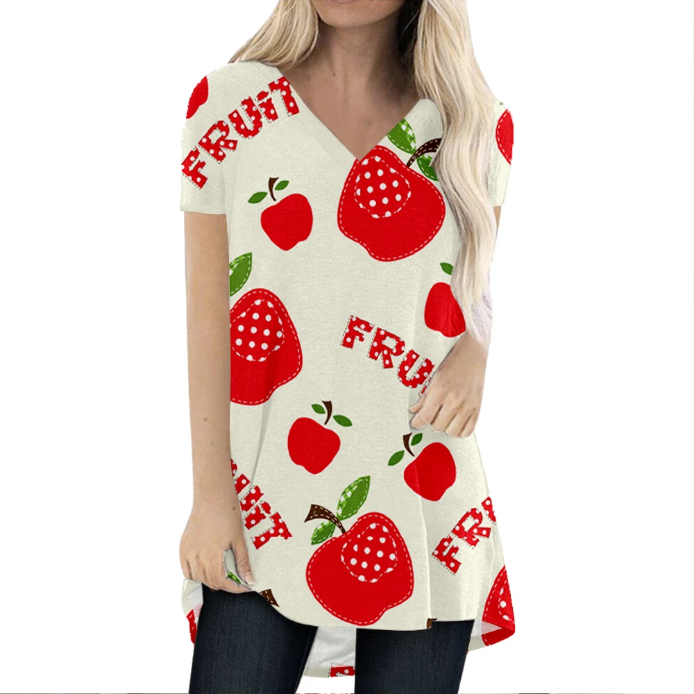 

Женское короткое платье с коротким рукавом, V-образным вырезом и принтом фруктов