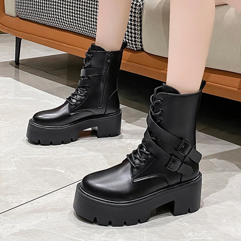 

Женские ботильоны на массивной платформе, ботинки из искусственной кожи с пряжкой, Нескользящие, на толстой нескользящей подошве, для улицы...