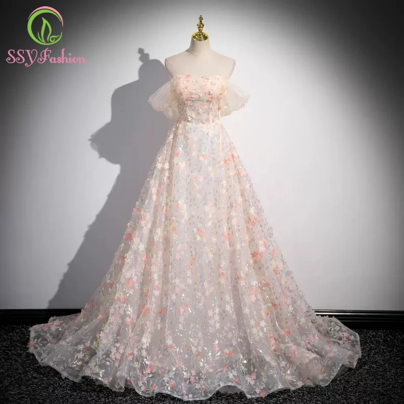 

SSYFashion New Romantic Flowers Evening Dress Strapless A-line Pastoral Style Party Formal Gowns for Women Vestido De Festa