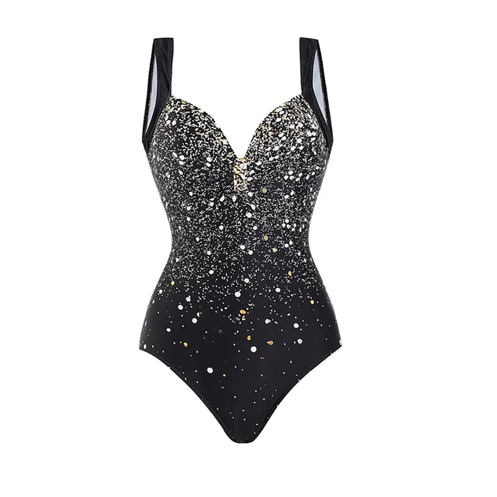 Retro black sequined v-neck printed hip sexy one-piece swimsuit set