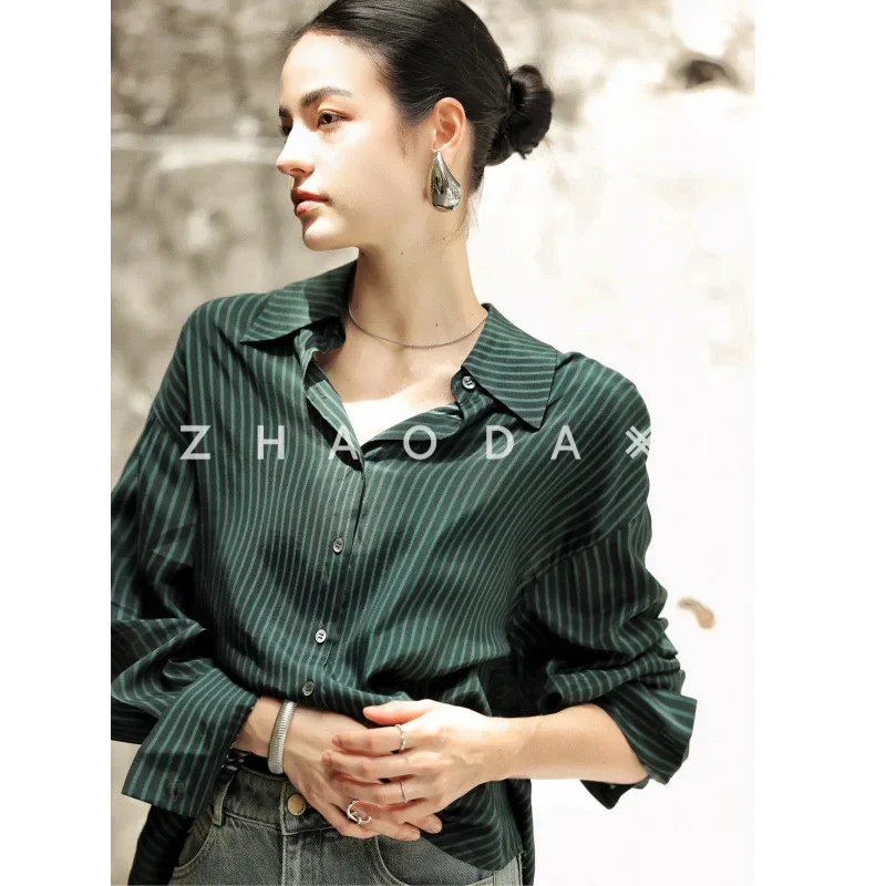 Новинка осени 2024 женская дизайнерская рубашка в зеленую полоску Корейском стиле