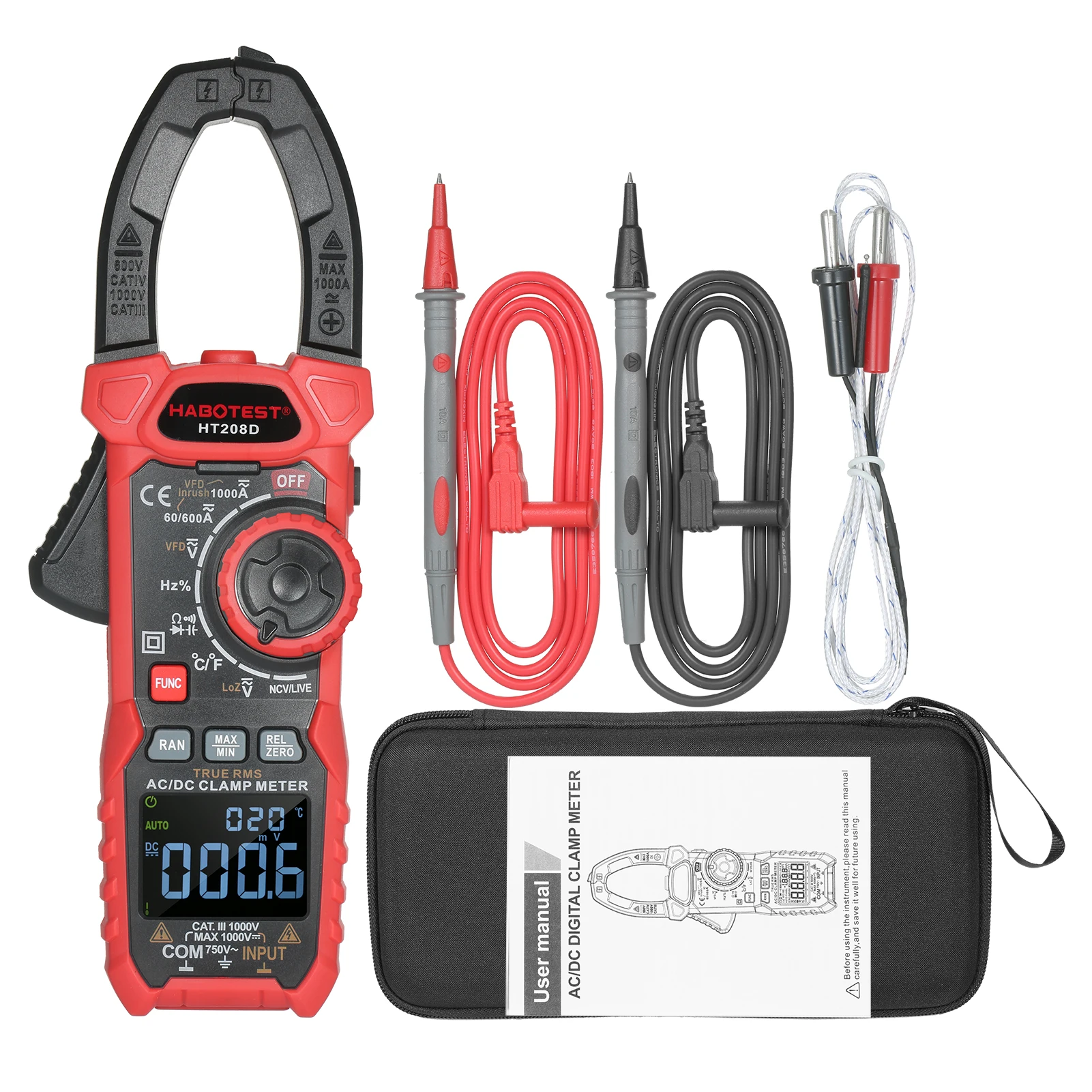 

HABOTEST HT208D/HT208A AC/DC Digital Clamp Meter True-RMS Multimeter Anto-Ranging Tester Current Clamp with Amp Volt Ohm Diode