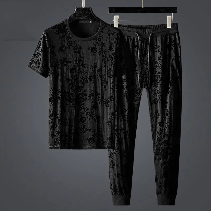 

Роскошный брендовый легкий роскошный флок с принтом, модный спортивный костюм для отдыха, мужской летний Большой корейский персонализиров...