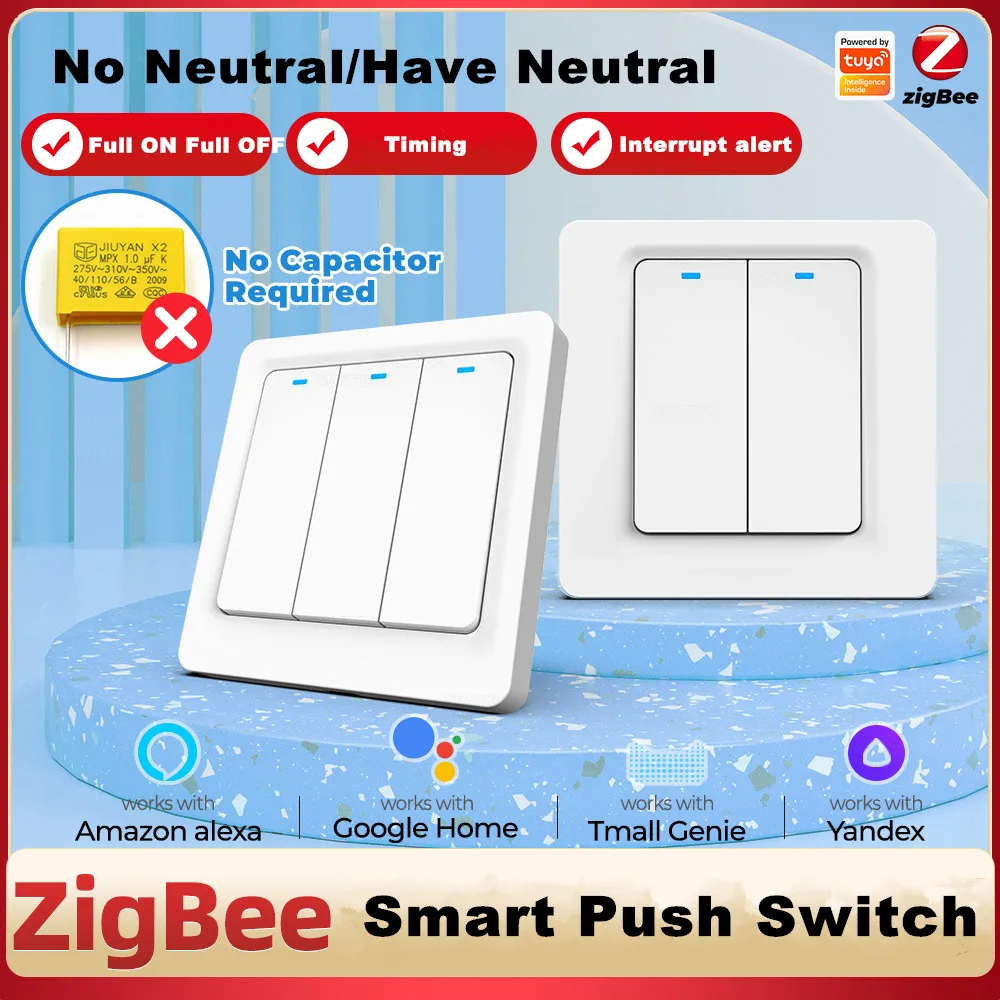 

Умный кнопочный светильник ключатель Zigbee Tuya, настенный магнитный переключатель Без нейтрального провода и конденсатора, 1/2/3 клавиши, ЕС, дл...