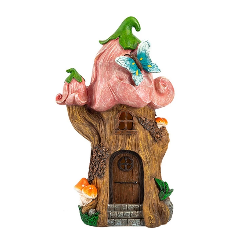 

NEW-Garden Fairy House Statue, Resin Mushroom House Decoration, Solar Light Garden Outdoor Patio Farmhouse Decoration